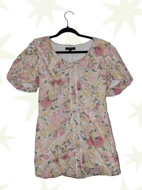 FORE cotton exterior floral ruffle button down mini dress puff sleeves L